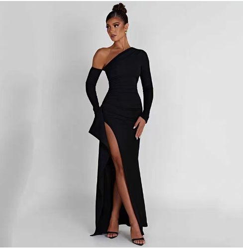 Knitted One-Shoulder Long Sleeve Split Dress for Women