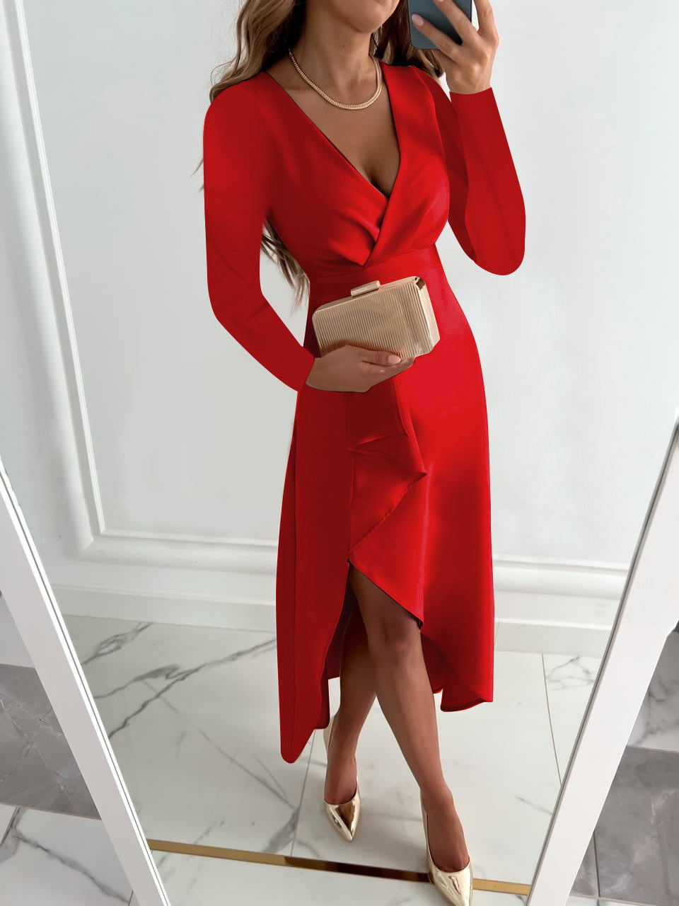 Women's Long-sleeved V-neck Pleated Split Dress