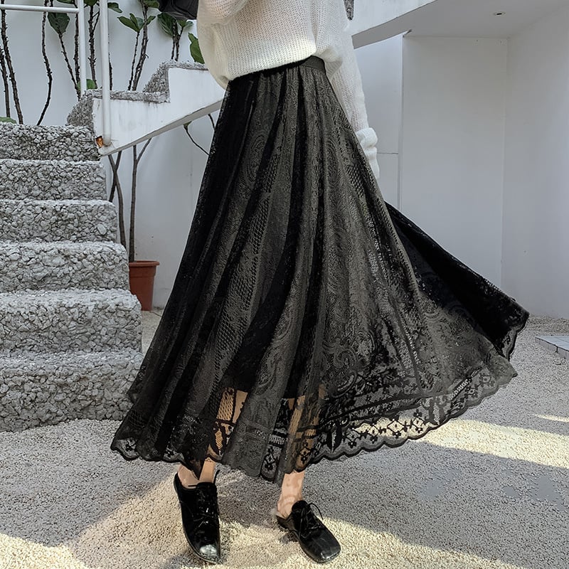 Hollow Fairy Mid-Length A-Line Swing Umbrella Skirt