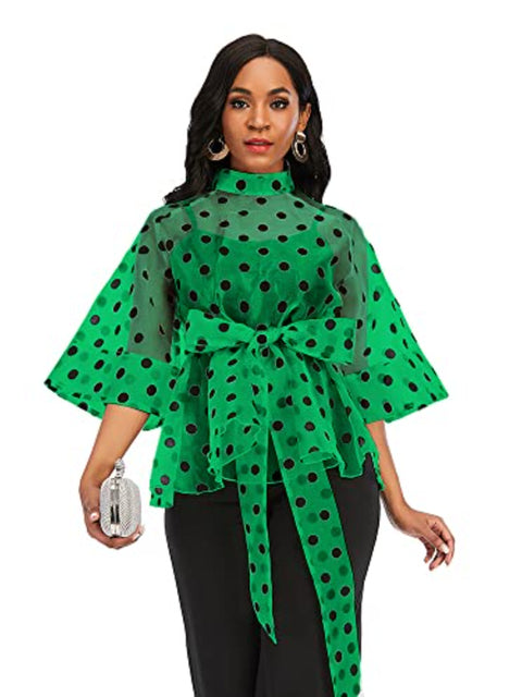Women's White Polka Dot Peplum Blouse with Belt
