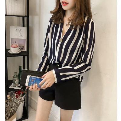 Women's V-neck Long Sleeve Striped Chiffon Shirt