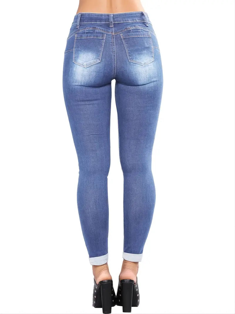 Stylish Blue Distressed Ripped Denim Skinny Pants