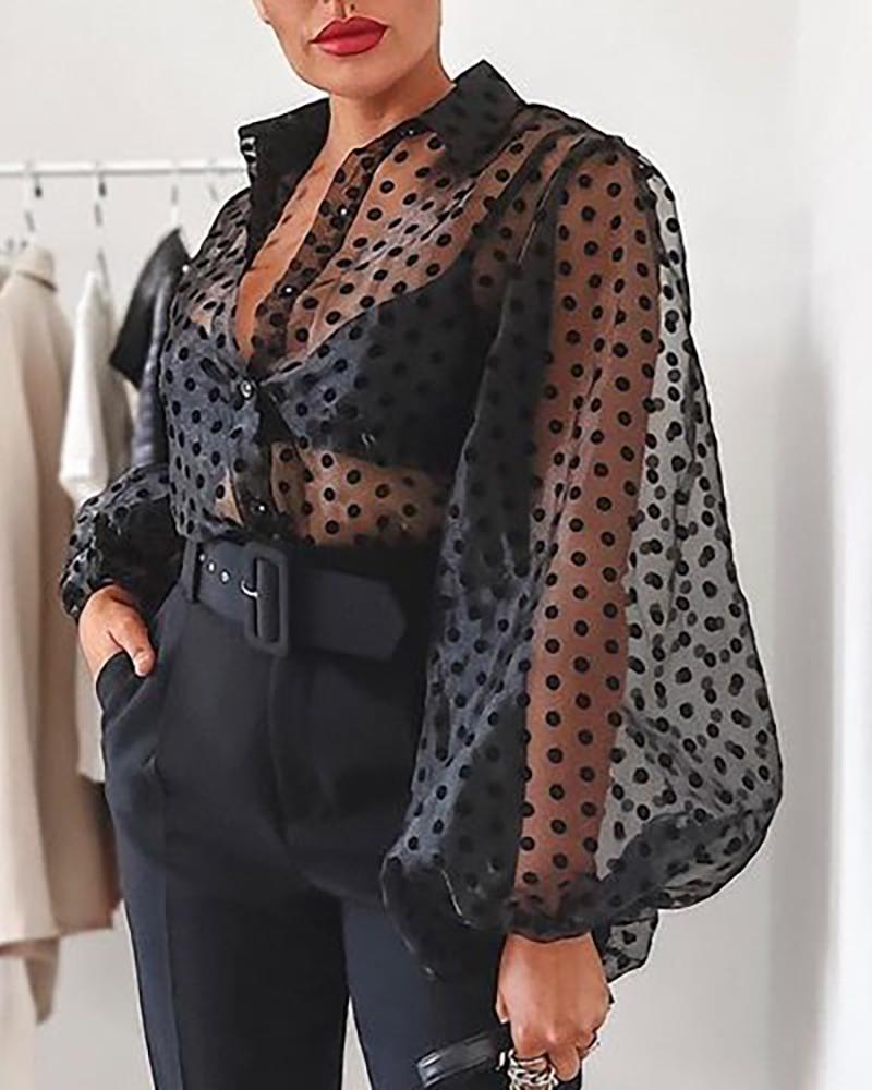 Women's Sheer Polka Dot Print Blouse Shirt