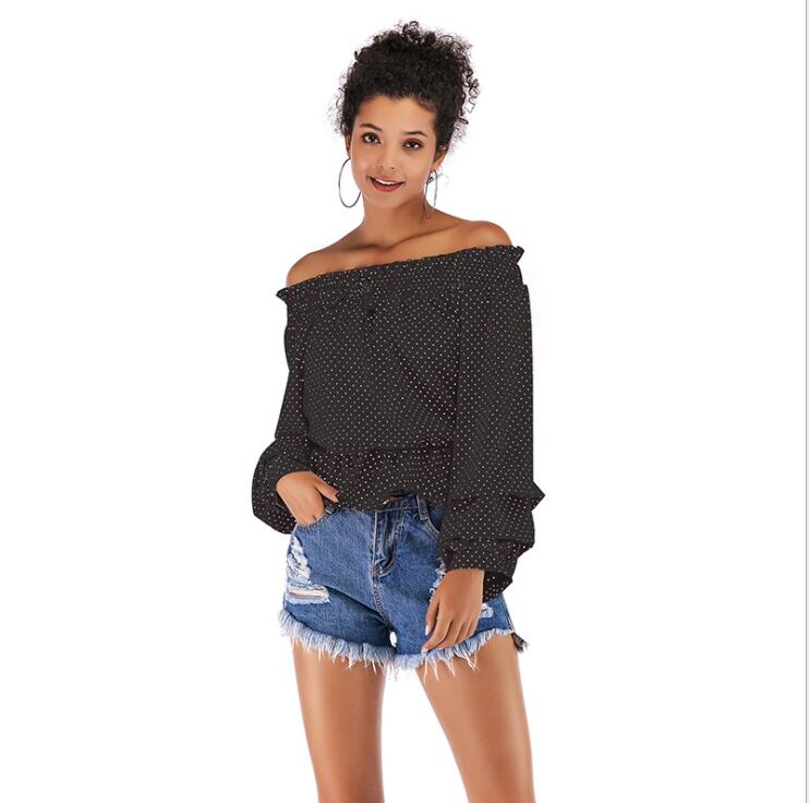 Off-Shoulder Chiffon Top with Dot Puff Sleeves