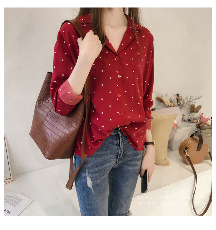 New Women's Polka Dot Chiffon Long Sleeve Shirt