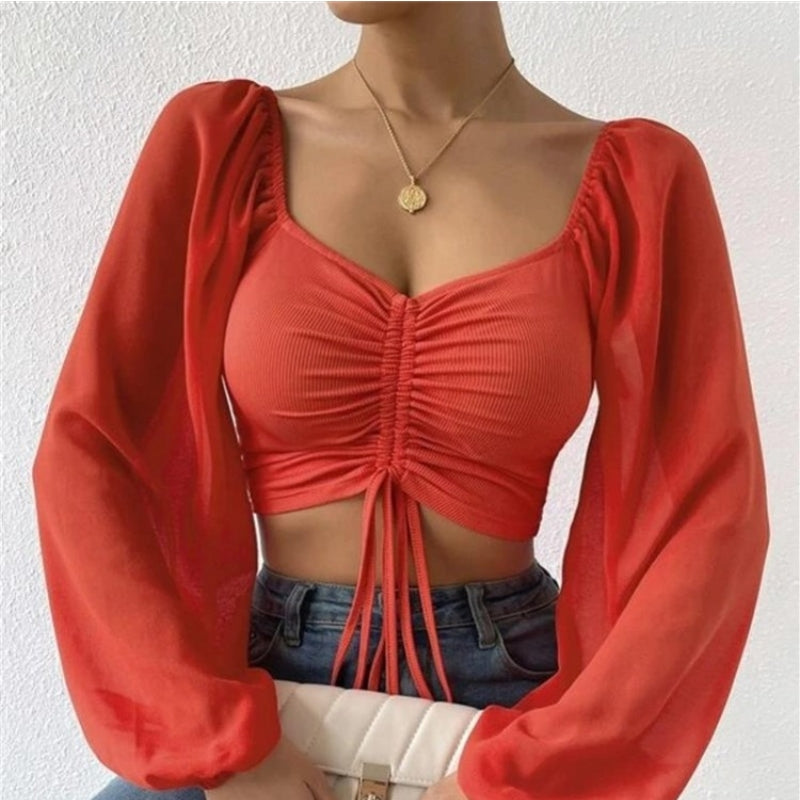 V-Neck Chiffon Lantern Sleeve Fashion Shirt