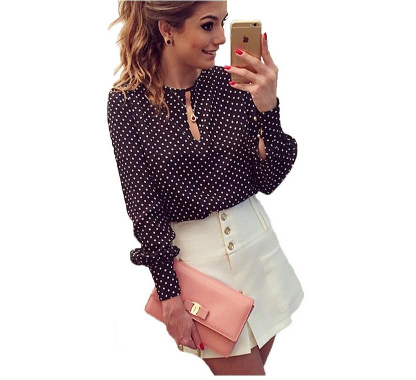 Black Polka Dot Chiffon Long Sleeve Women's Shirt