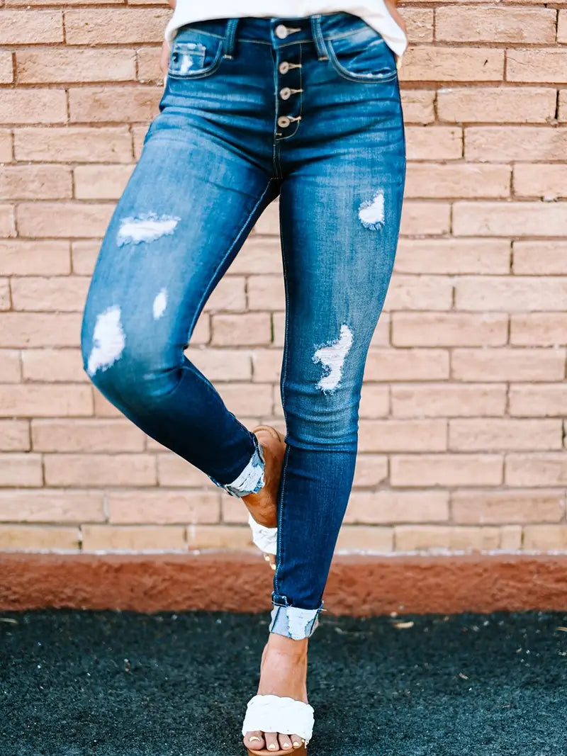 Blue Ripped Skinny Jeans with Distressed Slash Pockets