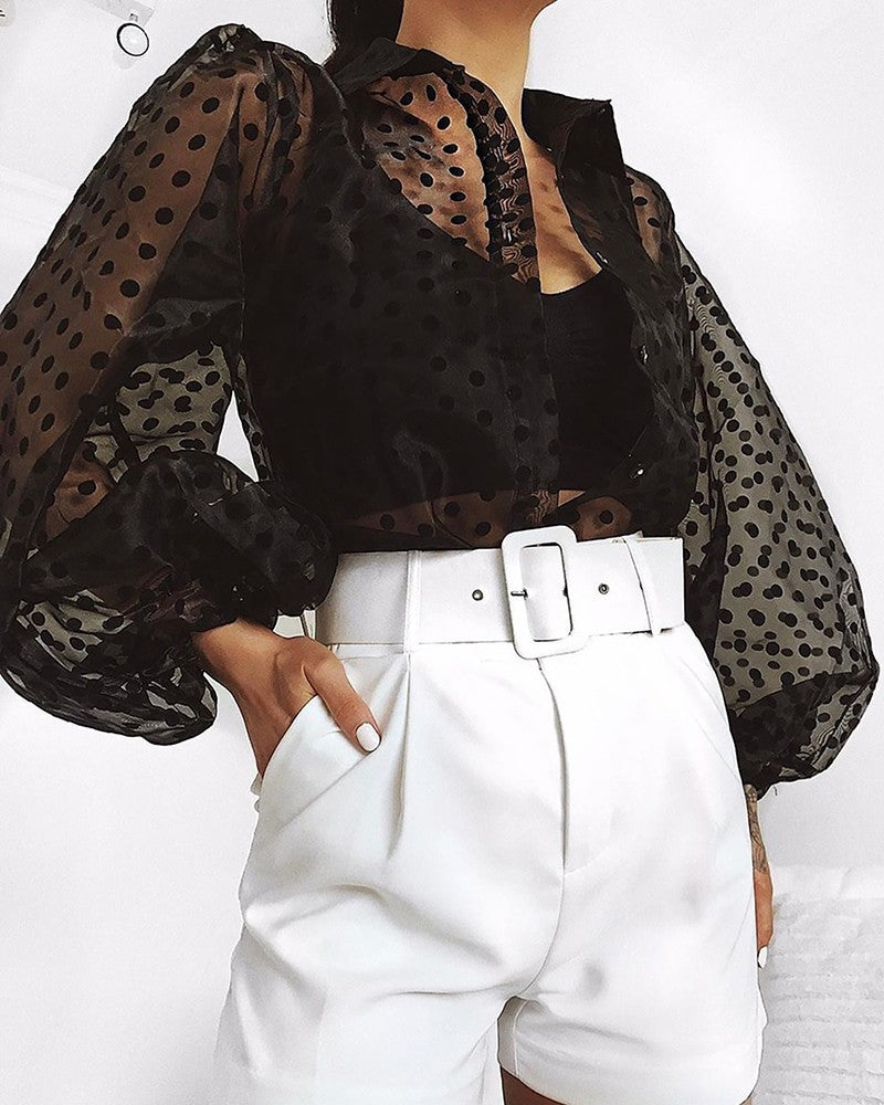 Women's Sheer Polka Dot Print Blouse Shirt