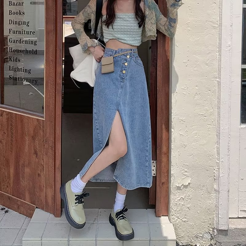 High Waist A-Line Mid-Length Denim Skirt for Women
