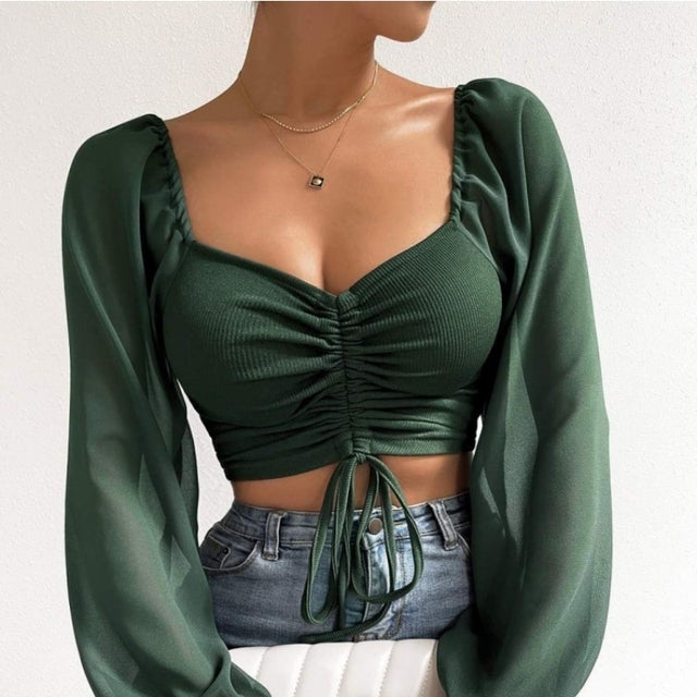 V-Neck Chiffon Lantern Sleeve Fashion Shirt