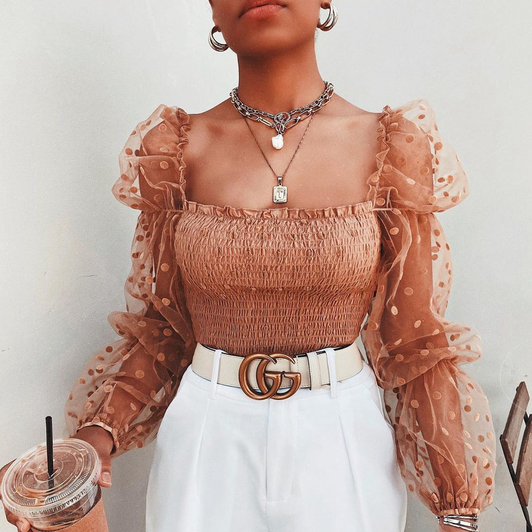 Sheer Off-Shoulder Puff Sleeve Top