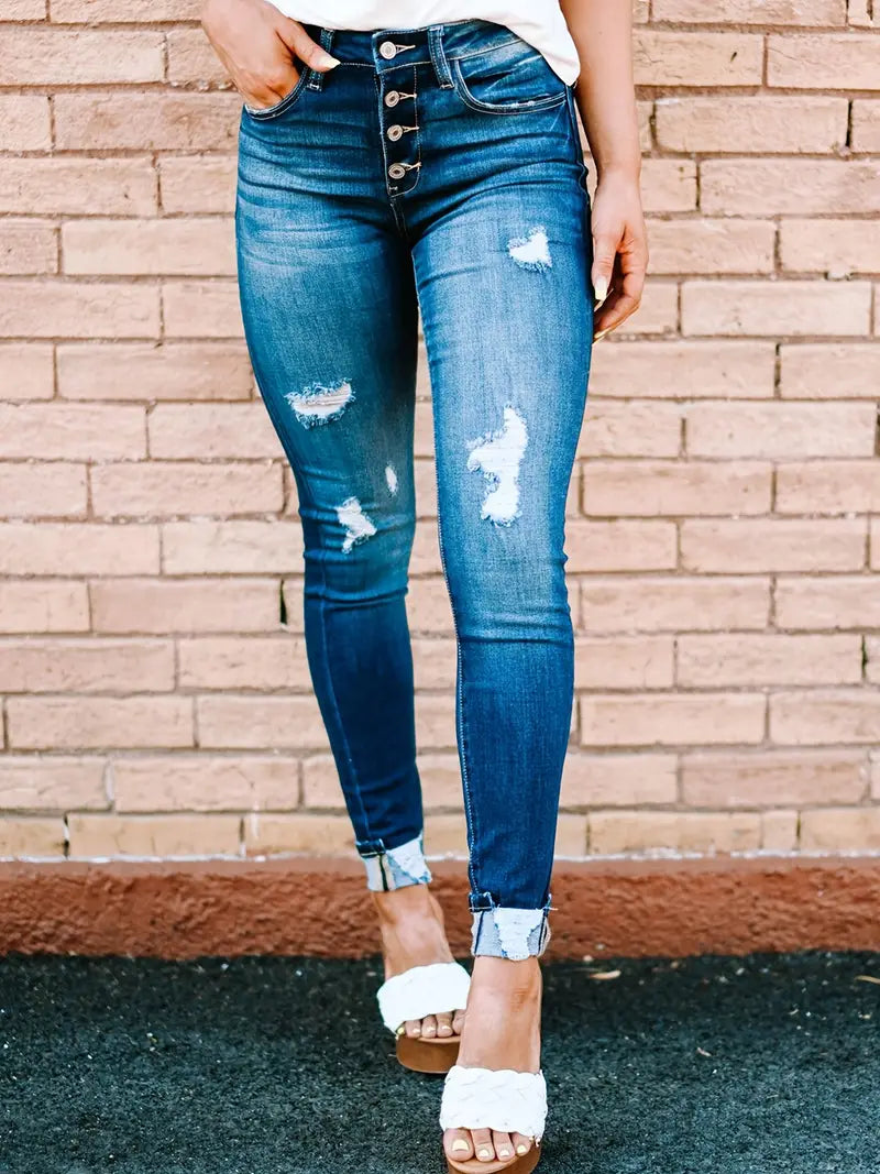 Blue Ripped Skinny Jeans with Distressed Slash Pockets