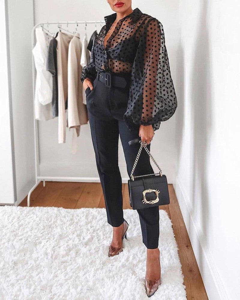 Women's Sheer Polka Dot Print Blouse Shirt