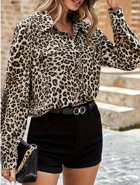 LIVA Leopard Print Chiffon Shirt with Long Sleeves